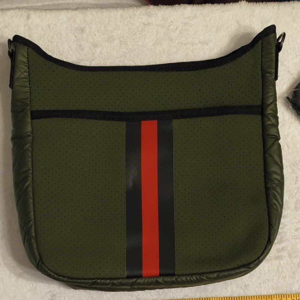 HAUTE SHORE Blake Avenue Olive Crossbody Bag with Red Stripe